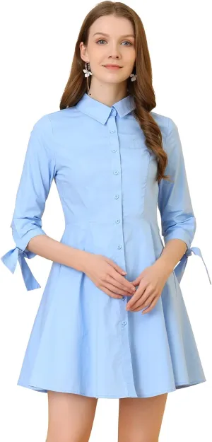 Allegra K Women's Turn Down Collar Button Down Cotton Skater Shirt Dress