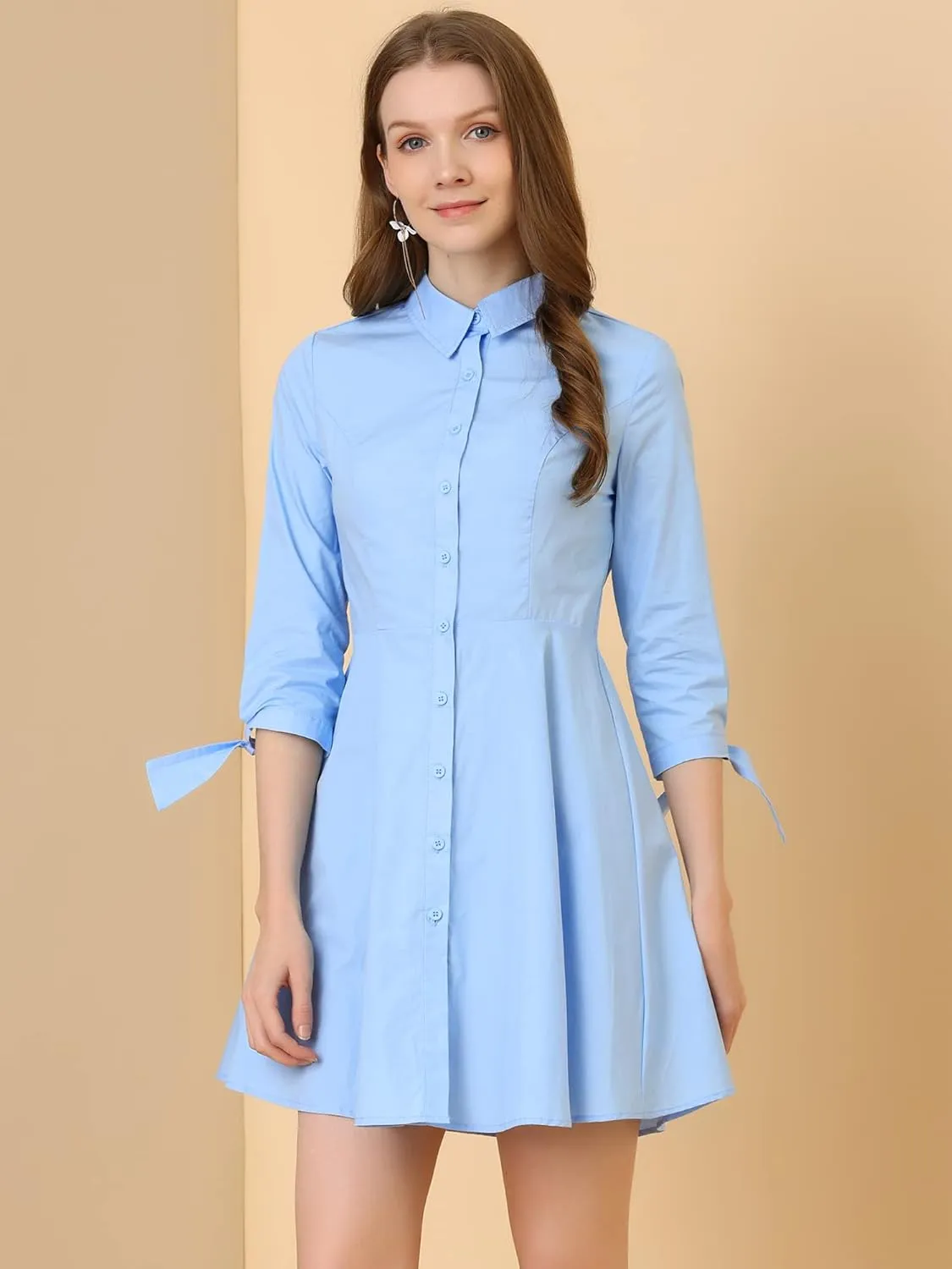 Allegra K Women's Turn Down Collar Button Down Cotton Skater Shirt Dress
