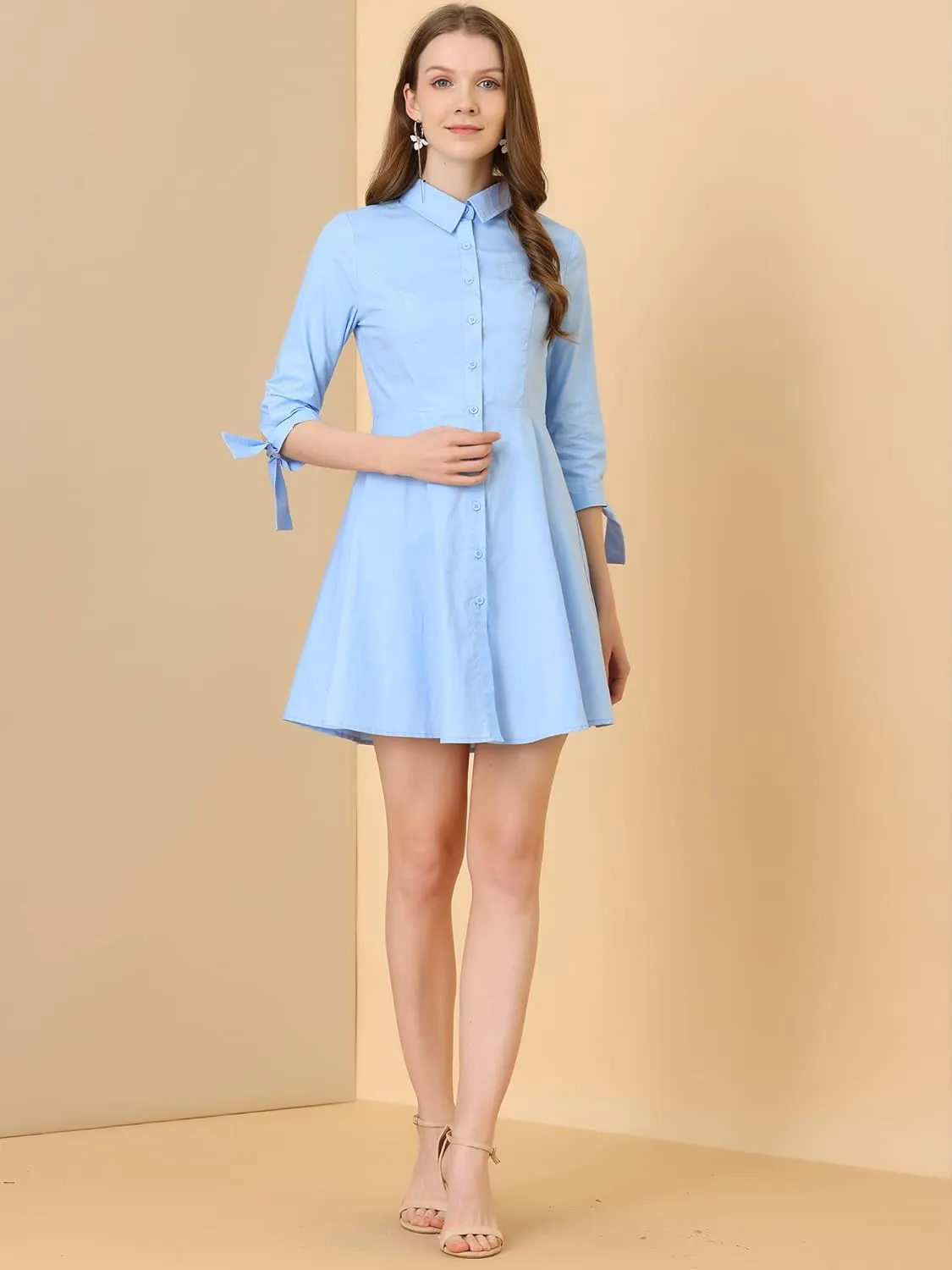 Allegra K Women's Turn Down Collar Button Down Cotton Skater Shirt Dress