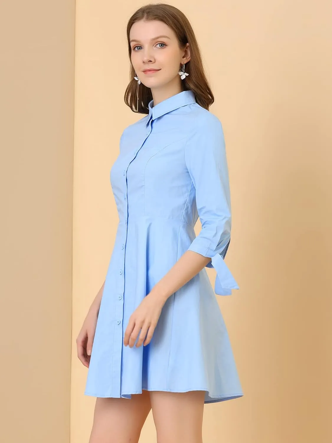 Allegra K Women's Turn Down Collar Button Down Cotton Skater Shirt Dress