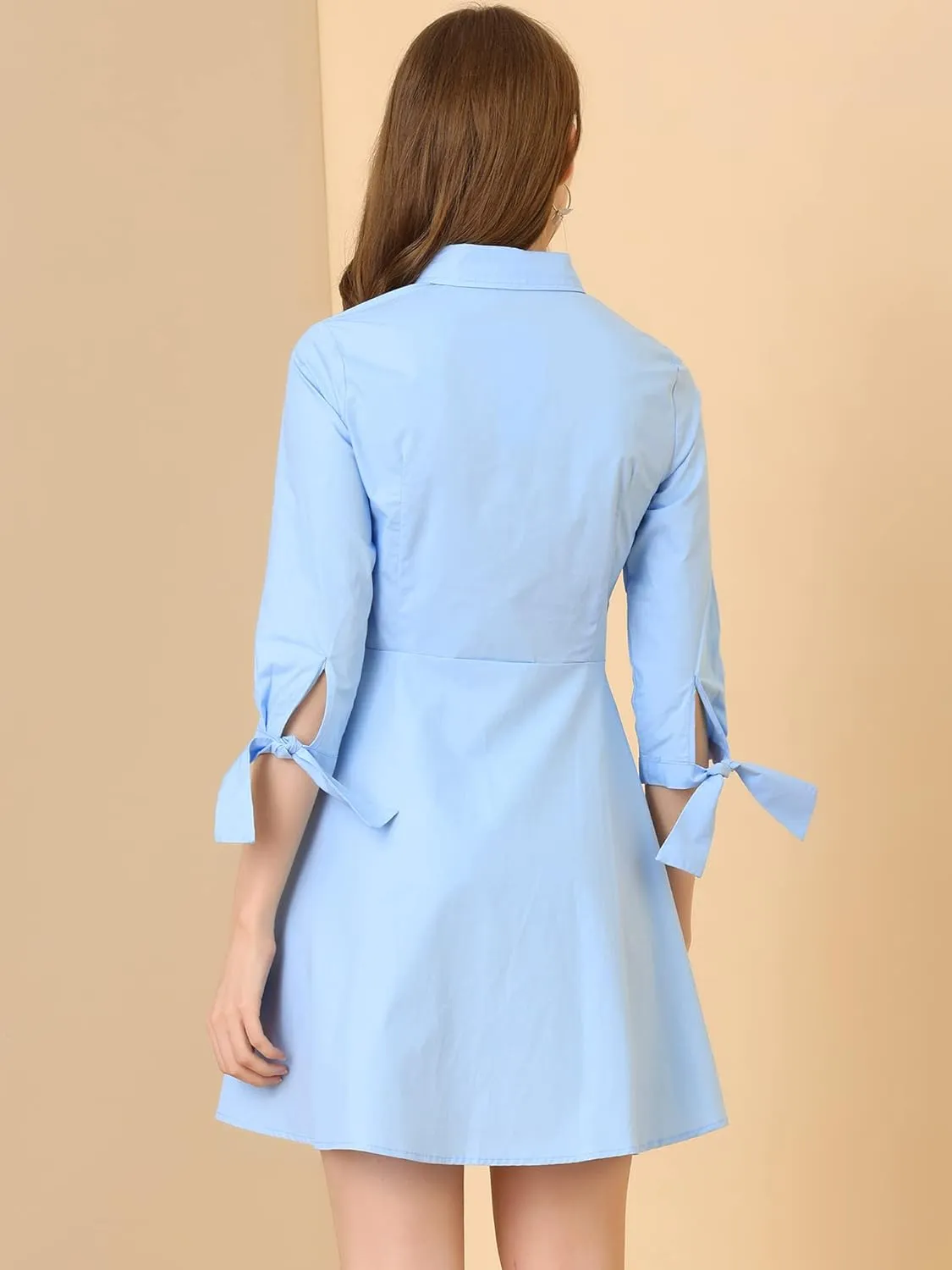 Allegra K Women's Turn Down Collar Button Down Cotton Skater Shirt Dress
