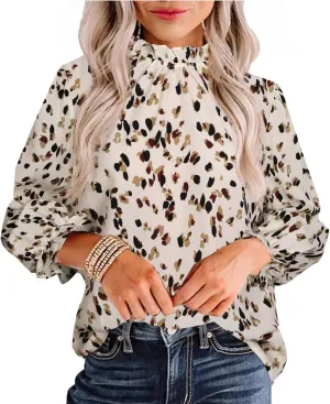 Avanova Women Polka Dot Long Sleeve Blouse Shirts Work Mock Neck Ruffle Top