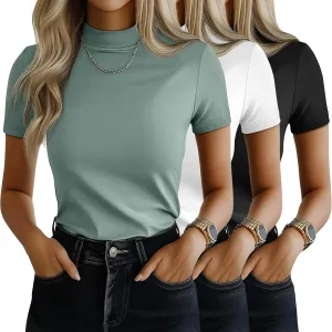 Ficerd 3 Pack Women's Mock Neck Shirts, Short Sleeve Turtleneck Tops Casual Comfy T Shirts Stretch Fitting Trendy Tee Blouse