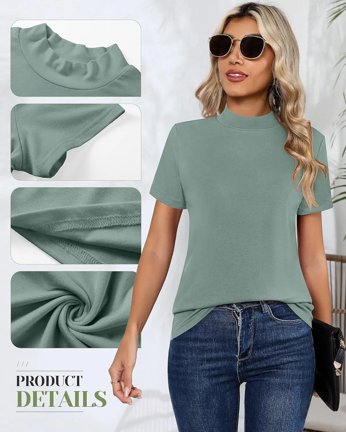 Ficerd 3 Pack Women's Mock Neck Shirts, Short Sleeve Turtleneck Tops Casual Comfy T Shirts Stretch Fitting Trendy Tee Blouse