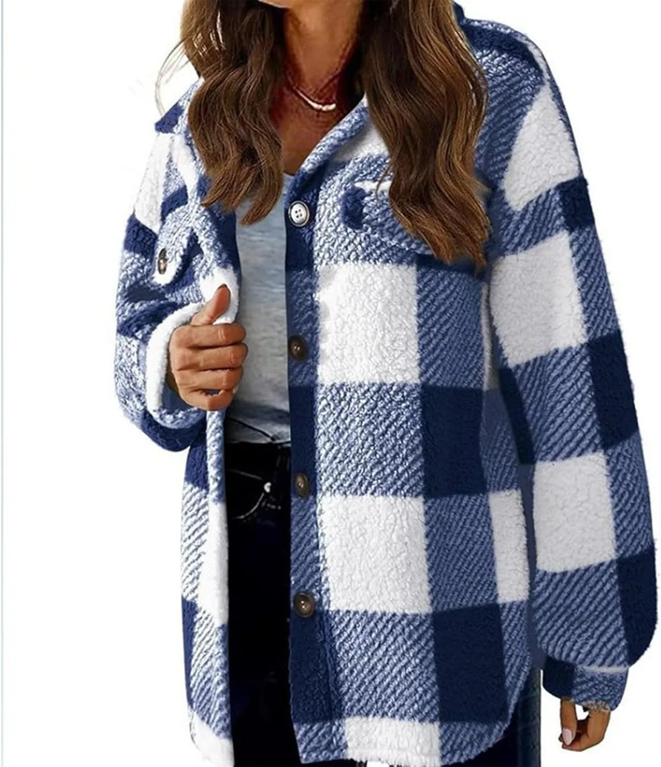 Fuzzy Fleece Shacket Jacket Sherpa Plaid Fleece Shearling Lined Coat