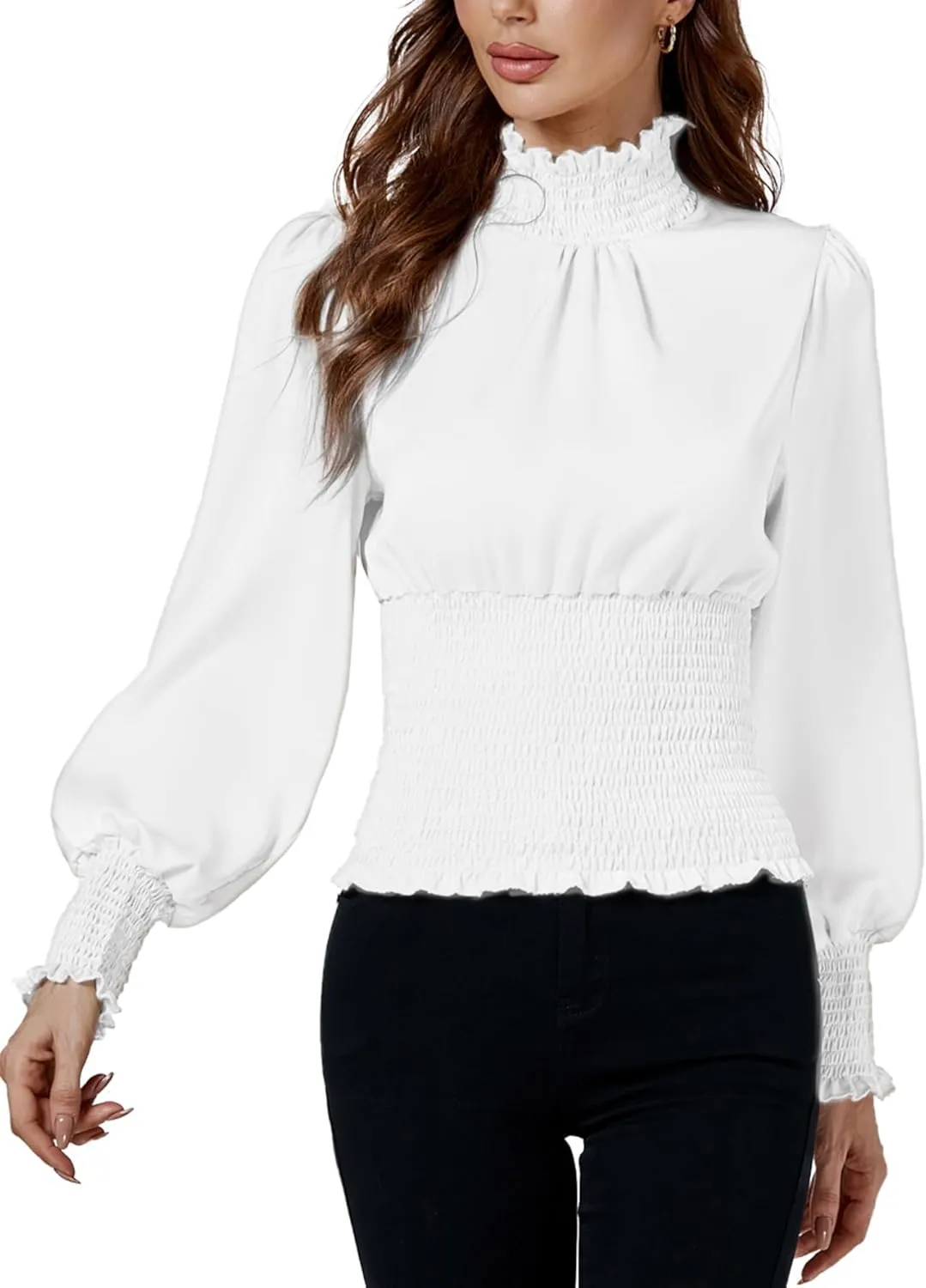 LYANER Women's Shirred Frill Mock Neck Smocked Puff Long Sleeve Blouse Top
