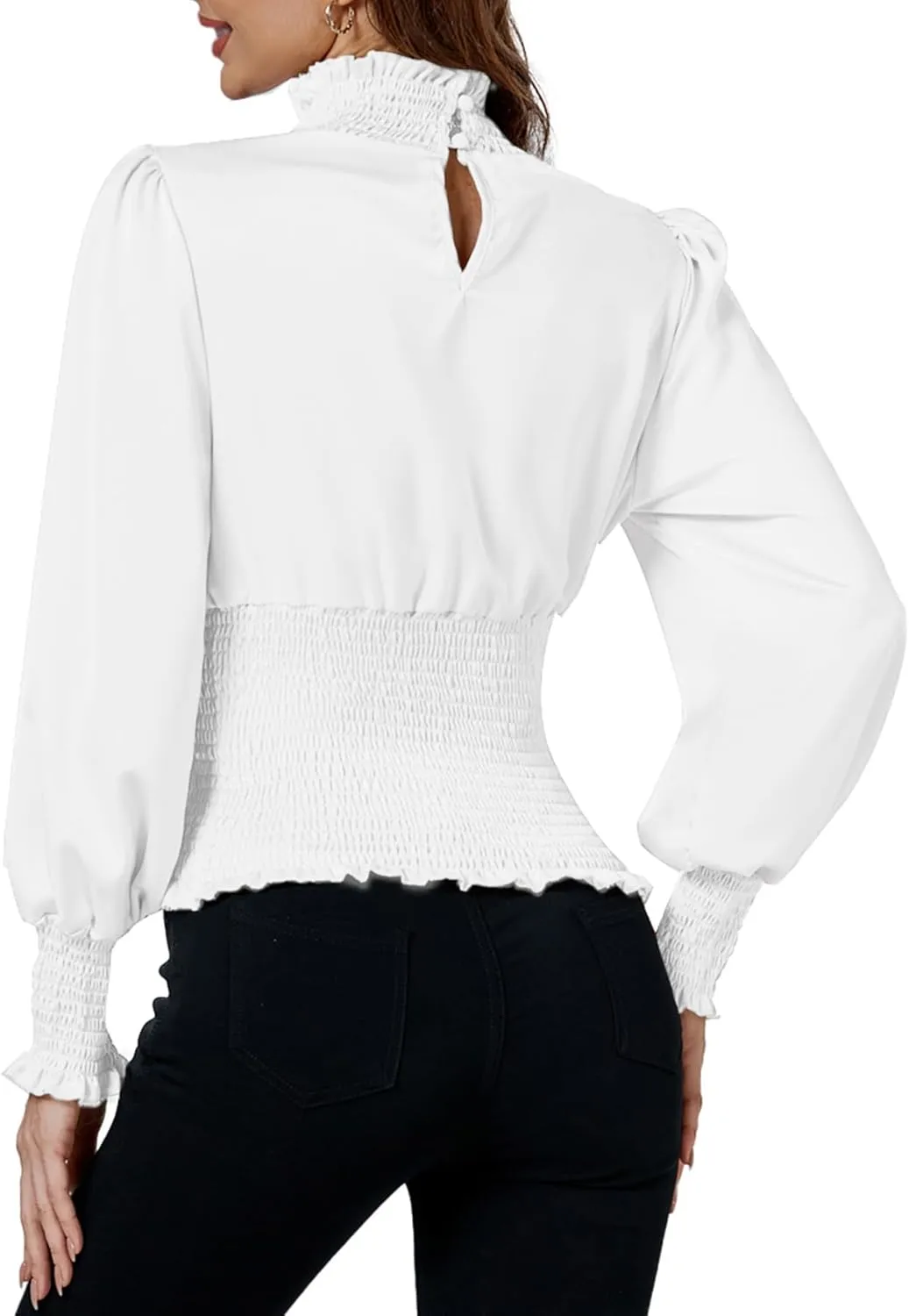 LYANER Women's Shirred Frill Mock Neck Smocked Puff Long Sleeve Blouse Top