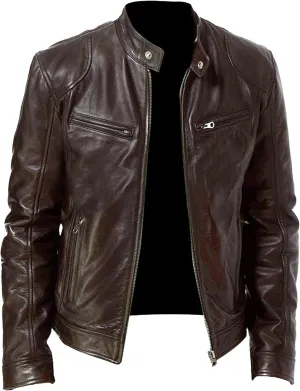 Men Slim Fit Motorcyle Leather Jacket Zip-Up Windbreaker Leather Jackets Lightweight PU Vintage Biker Coat