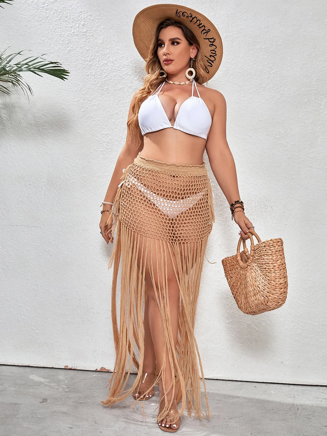 Plus Size Crochet Fringe Hem Cover Up Skirt