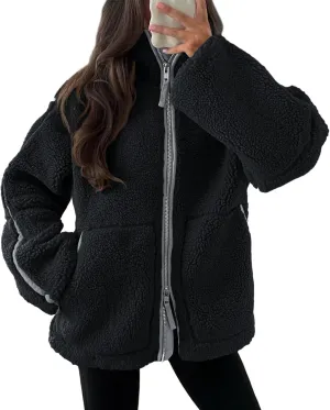 Tankaneo Womens Oversized Sherpa Fleece Jacket Zip Up Teddy Coat Winter Warm Stand Collar Fuzzy Outerwear