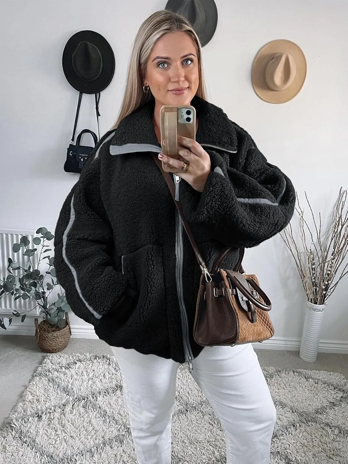 Tankaneo Womens Oversized Sherpa Fleece Jacket Zip Up Teddy Coat Winter Warm Stand Collar Fuzzy Outerwear