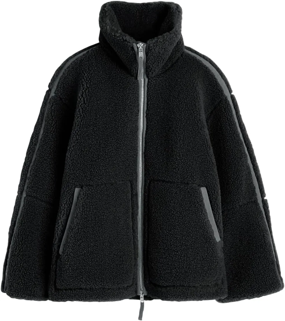 Tankaneo Womens Oversized Sherpa Fleece Jacket Zip Up Teddy Coat Winter Warm Stand Collar Fuzzy Outerwear