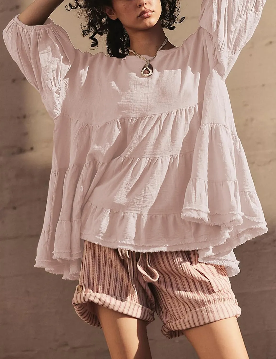 UANEO Womens Babydoll Tops Shirts 3/4 Lantern Sleeves Oversized Peplum Tunics Loose Fit Crewneck Y2K Blouses