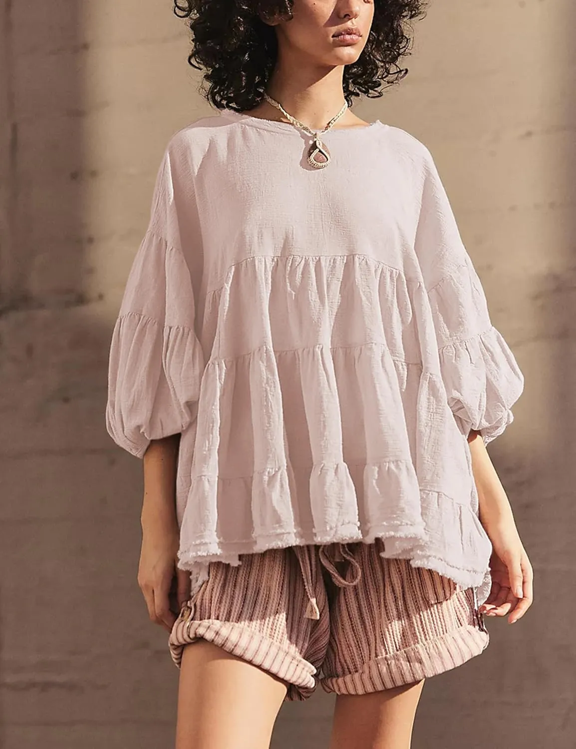 UANEO Womens Babydoll Tops Shirts 3/4 Lantern Sleeves Oversized Peplum Tunics Loose Fit Crewneck Y2K Blouses