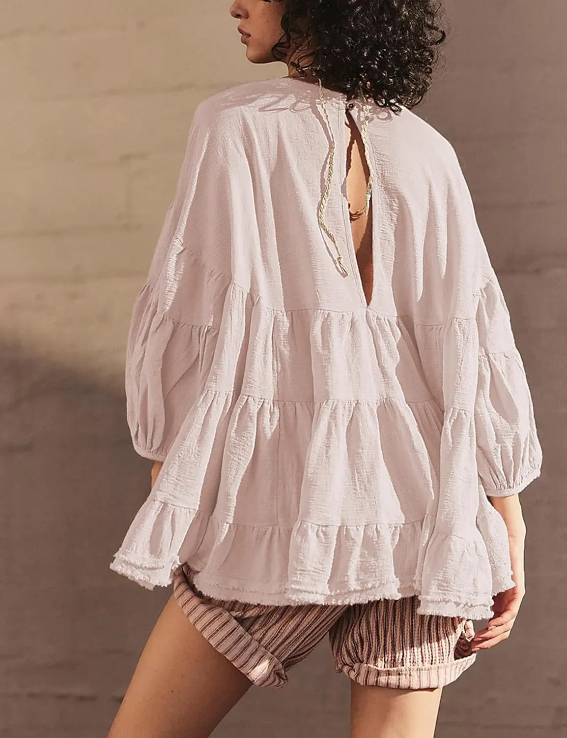 UANEO Womens Babydoll Tops Shirts 3/4 Lantern Sleeves Oversized Peplum Tunics Loose Fit Crewneck Y2K Blouses
