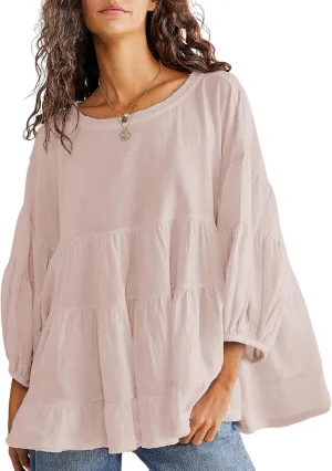 UANEO Womens Babydoll Tops Shirts 3/4 Lantern Sleeves Oversized Peplum Tunics Loose Fit Crewneck Y2K Blouses
