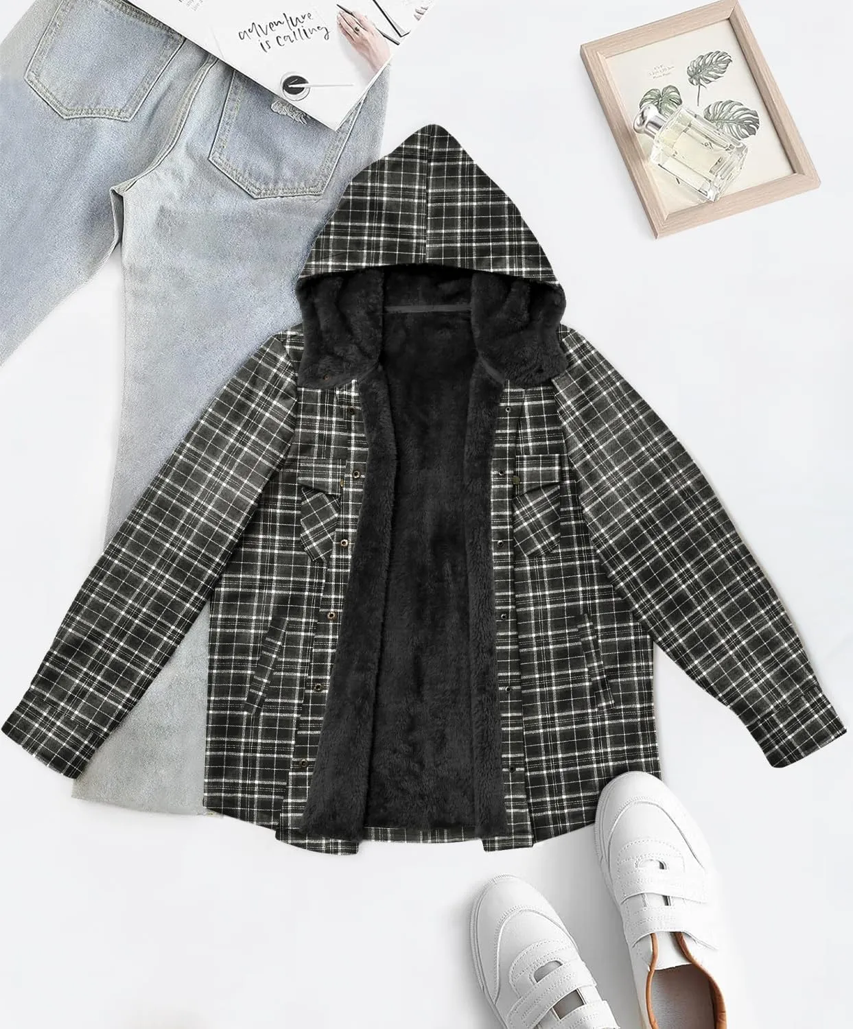 [Updated with Pockets] Womens Plaid Fleece Jacket Long Sleeve Button Down Hooded Jackets Warm Coat for Winter Fall