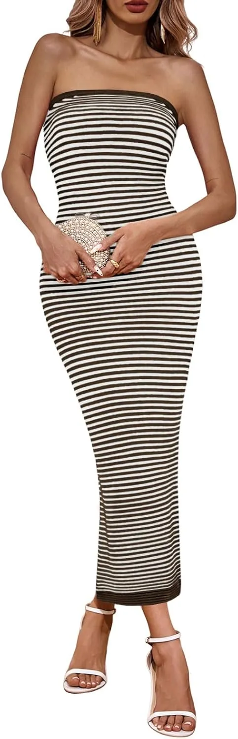 Wenrine Womens Strapless Bodycon Maxi Dress Summer Striped Sleeveless Knit Casual Tube Tops Cocktail Party Dresses