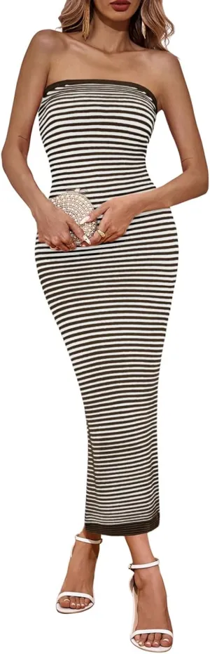 Wenrine Womens Strapless Bodycon Maxi Dress Summer Striped Sleeveless Knit Casual Tube Tops Cocktail Party Dresses