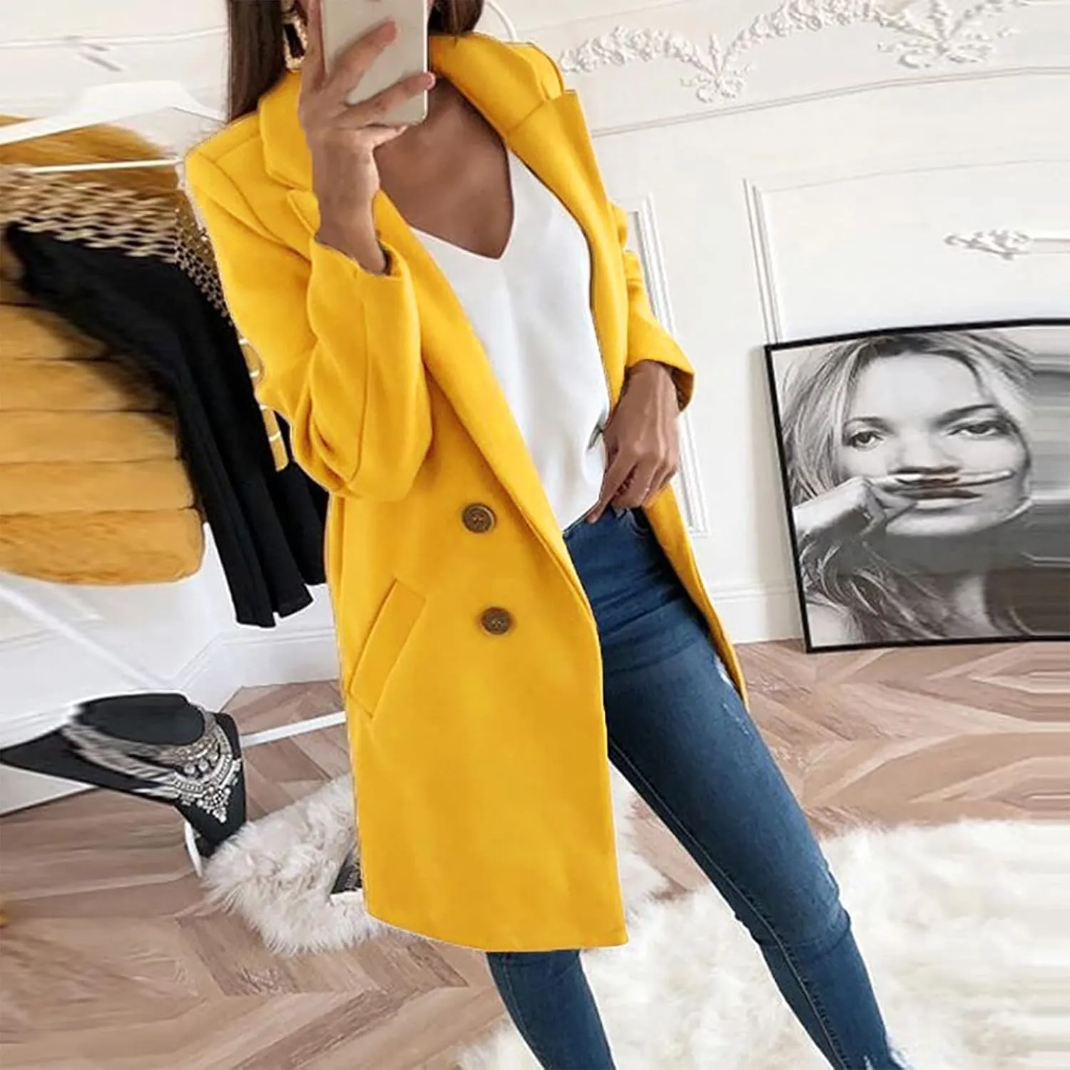 Winter Coats for Women Basic Essential Double Breasted Midi Wool Blend Pea Coats 2022 Blazer Jackets for Women Winter Coat