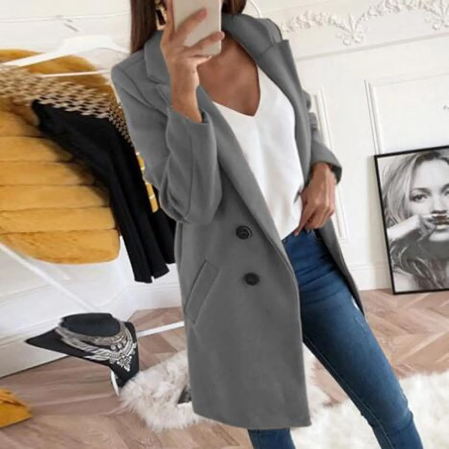 Winter Coats for Women Basic Essential Double Breasted Midi Wool Blend Pea Coats 2022 Blazer Jackets for Women Winter Coat