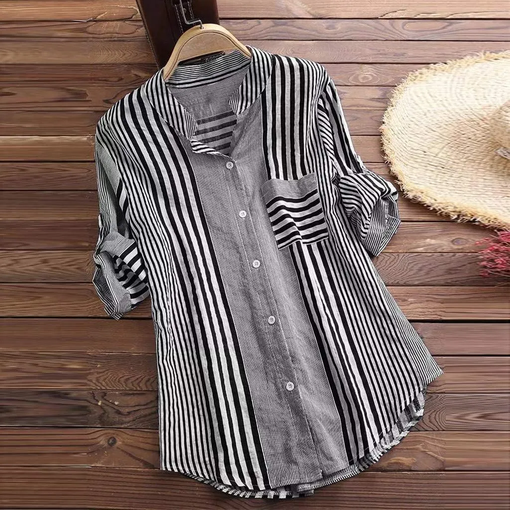 Womens Button Down Shirts Plus Size V Neck Long Sleeve Tunis Dressy Casual Striped Spring Summer Tops Flowy Cover Ups