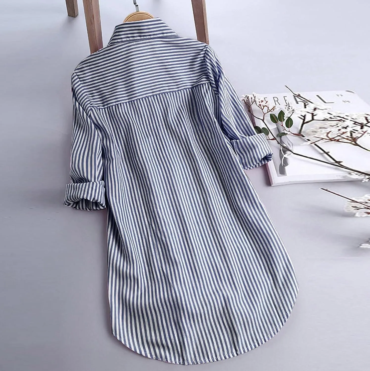 Womens Button Down Shirts Plus Size V Neck Long Sleeve Tunis Dressy Casual Striped Spring Summer Tops Flowy Cover Ups