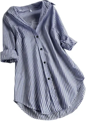 Womens Button Down Shirts Plus Size V Neck Long Sleeve Tunis Dressy Casual Striped Spring Summer Tops Flowy Cover Ups