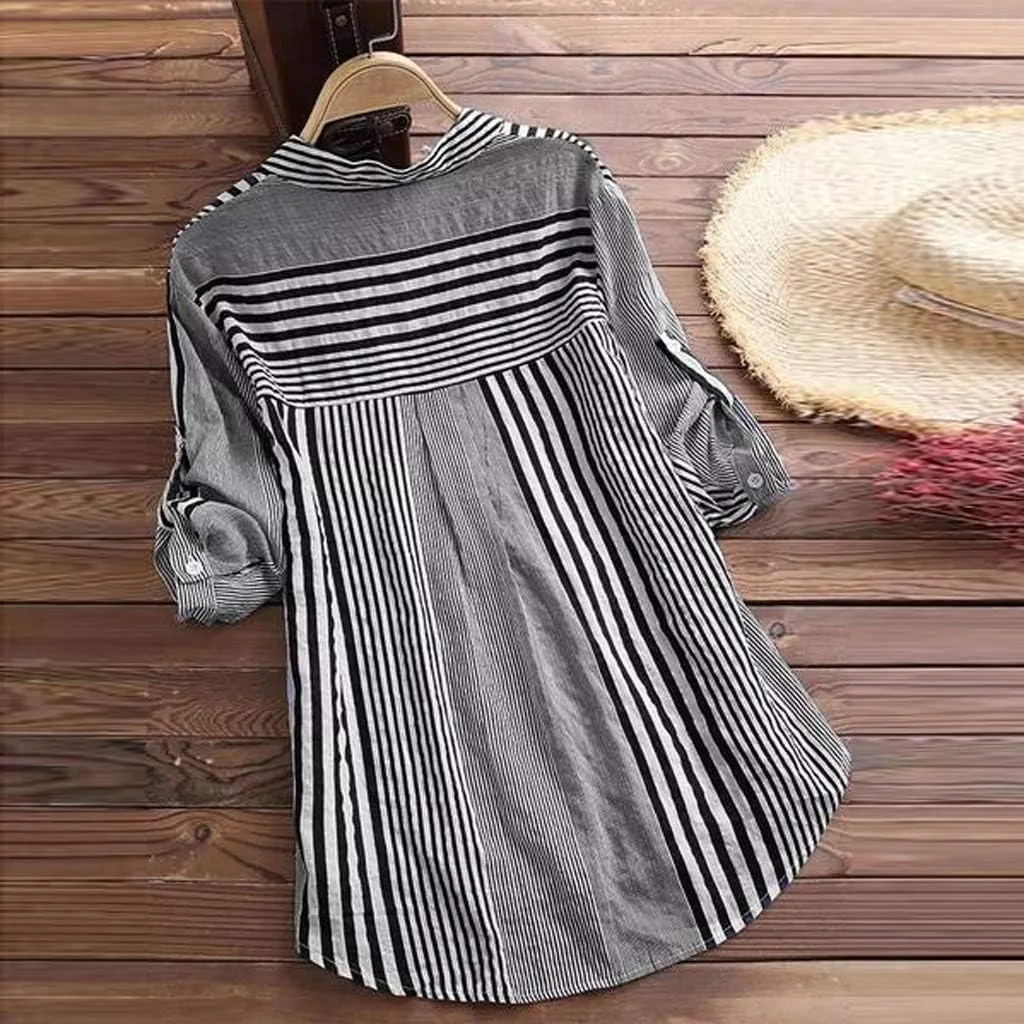 Womens Button Down Shirts Plus Size V Neck Long Sleeve Tunis Dressy Casual Striped Spring Summer Tops Flowy Cover Ups
