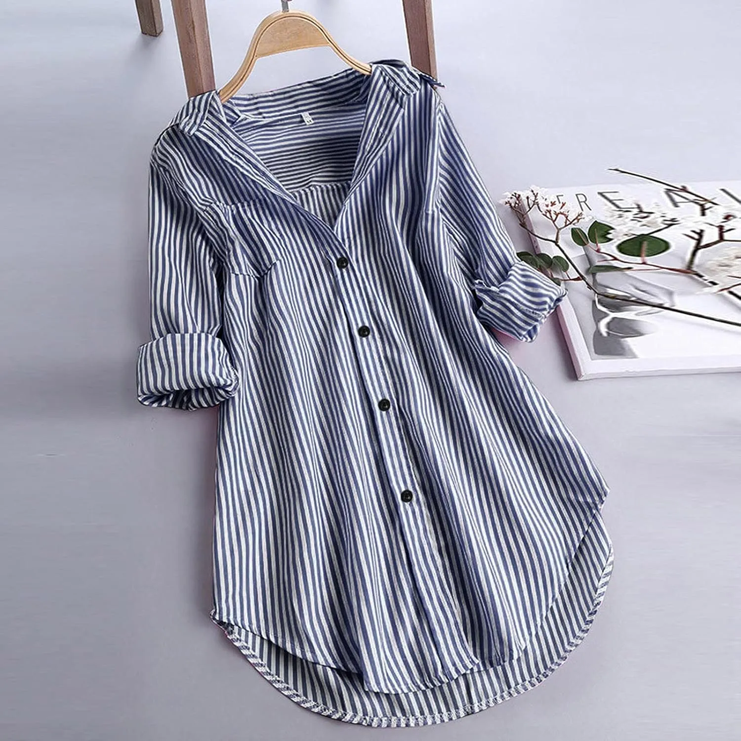 Womens Button Down Shirts Plus Size V Neck Long Sleeve Tunis Dressy Casual Striped Spring Summer Tops Flowy Cover Ups