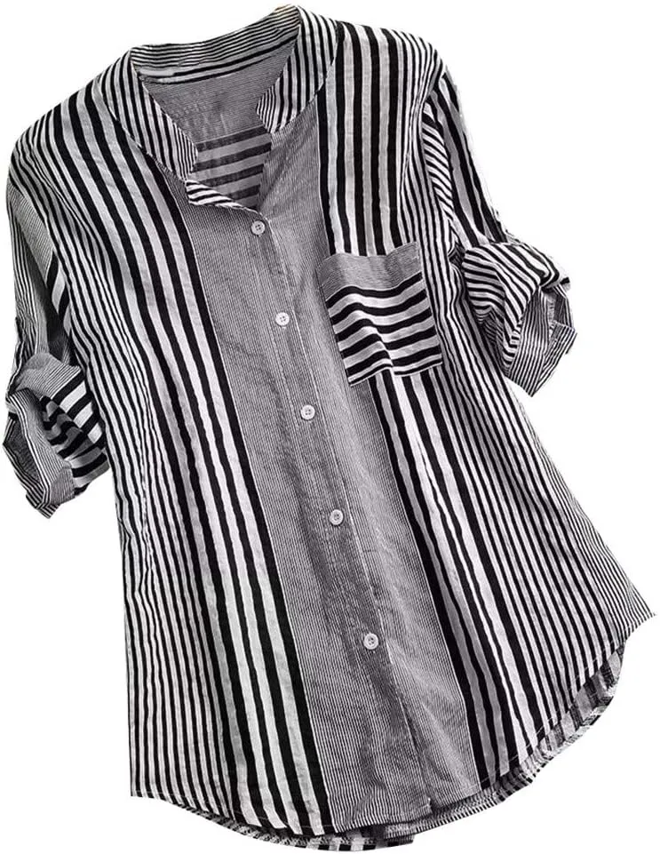 Womens Button Down Shirts Plus Size V Neck Long Sleeve Tunis Dressy Casual Striped Spring Summer Tops Flowy Cover Ups