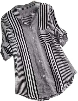 Womens Button Down Shirts Plus Size V Neck Long Sleeve Tunis Dressy Casual Striped Spring Summer Tops Flowy Cover Ups