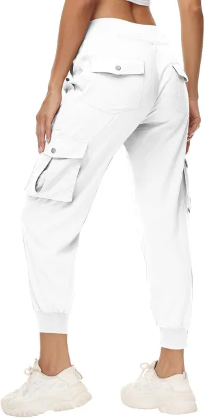 Womens Cargo Jogger Pants with Pockets High Waist Elastic Cuffs Capri Pants Outdoor Hiking Tactical Utility Trousers