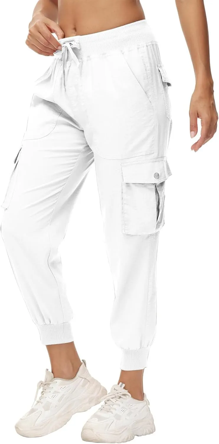 Womens Cargo Jogger Pants with Pockets High Waist Elastic Cuffs Capri Pants Outdoor Hiking Tactical Utility Trousers