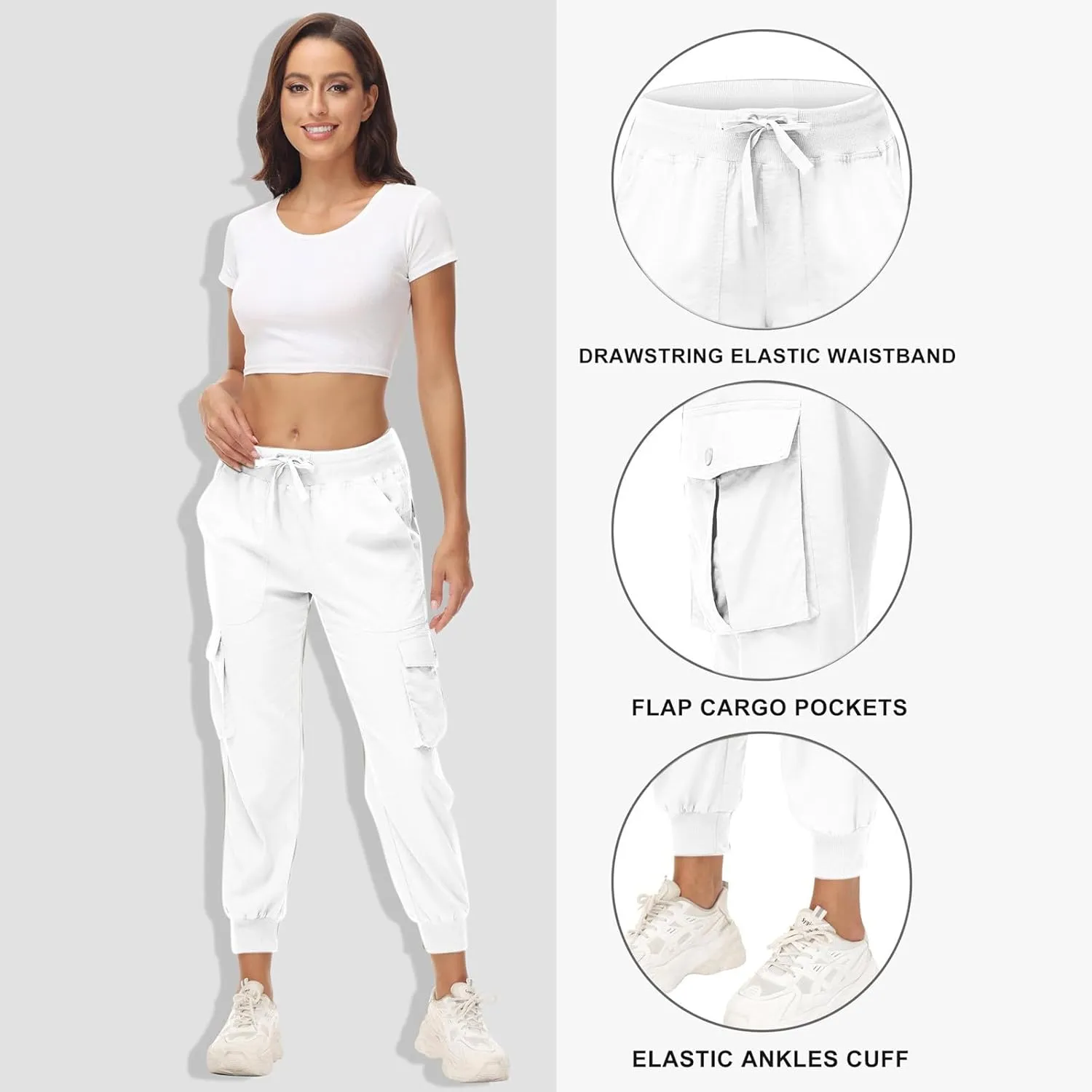 Womens Cargo Jogger Pants with Pockets High Waist Elastic Cuffs Capri Pants Outdoor Hiking Tactical Utility Trousers