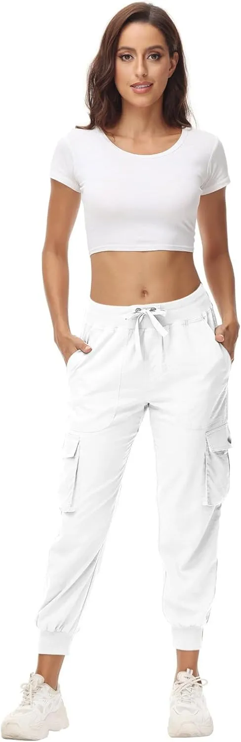 Womens Cargo Jogger Pants with Pockets High Waist Elastic Cuffs Capri Pants Outdoor Hiking Tactical Utility Trousers