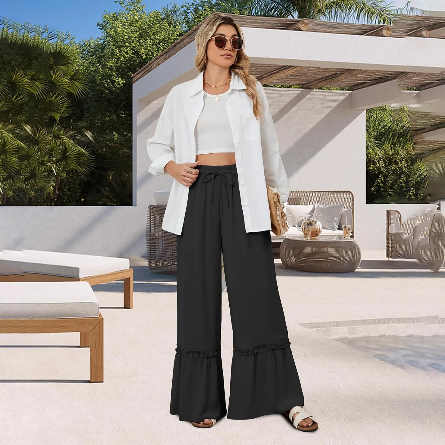 Womens High Waisted Wide Leg Pants Palazzo Beach Trousers Lace Flowy Summer Outfits High Waisted Ruffle Hem Pant