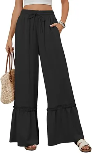 Womens High Waisted Wide Leg Pants Palazzo Beach Trousers Lace Flowy Summer Outfits High Waisted Ruffle Hem Pant