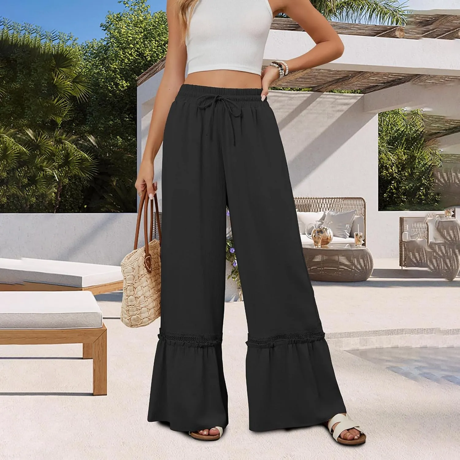 Womens High Waisted Wide Leg Pants Palazzo Beach Trousers Lace Flowy Summer Outfits High Waisted Ruffle Hem Pant