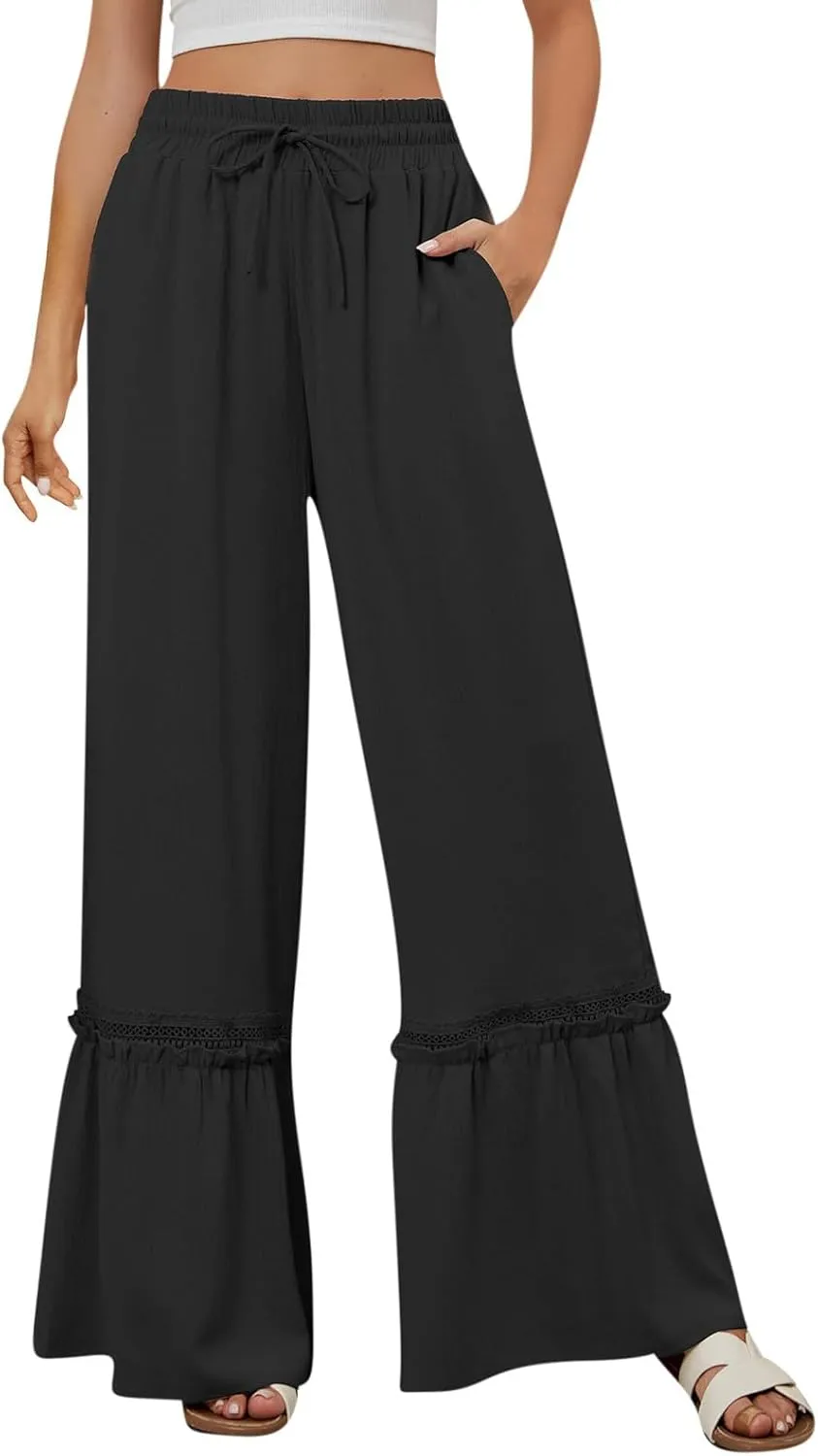 Womens High Waisted Wide Leg Pants Palazzo Beach Trousers Lace Flowy Summer Outfits High Waisted Ruffle Hem Pant