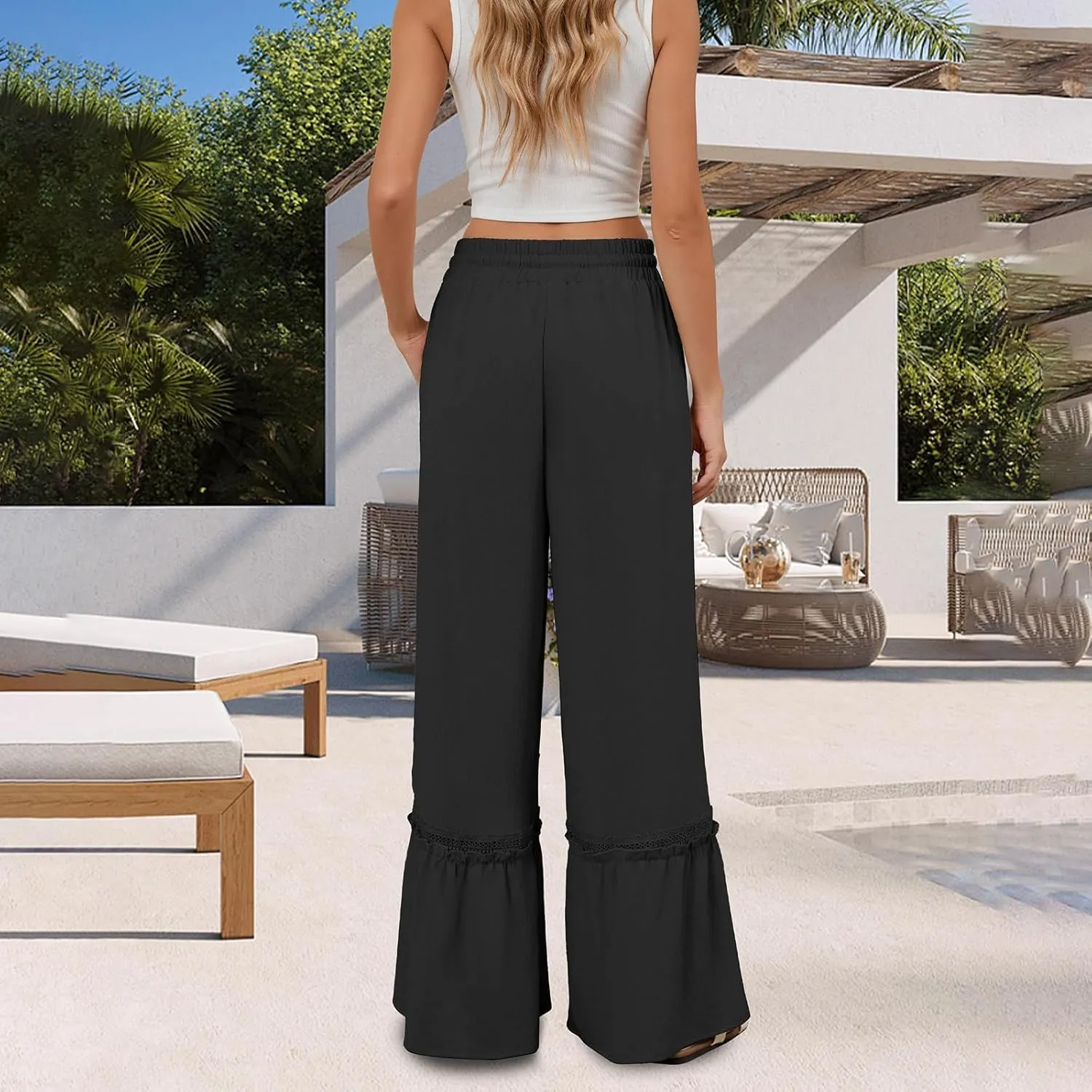 Womens High Waisted Wide Leg Pants Palazzo Beach Trousers Lace Flowy Summer Outfits High Waisted Ruffle Hem Pant