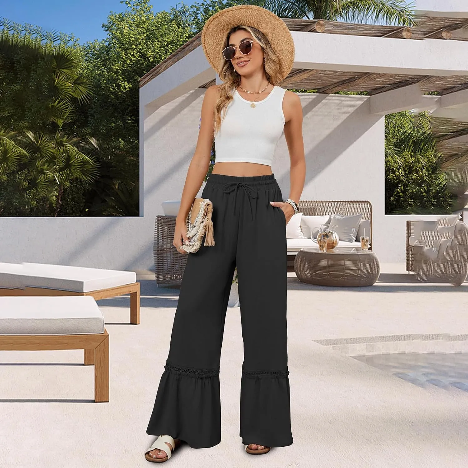 Womens High Waisted Wide Leg Pants Palazzo Beach Trousers Lace Flowy Summer Outfits High Waisted Ruffle Hem Pant