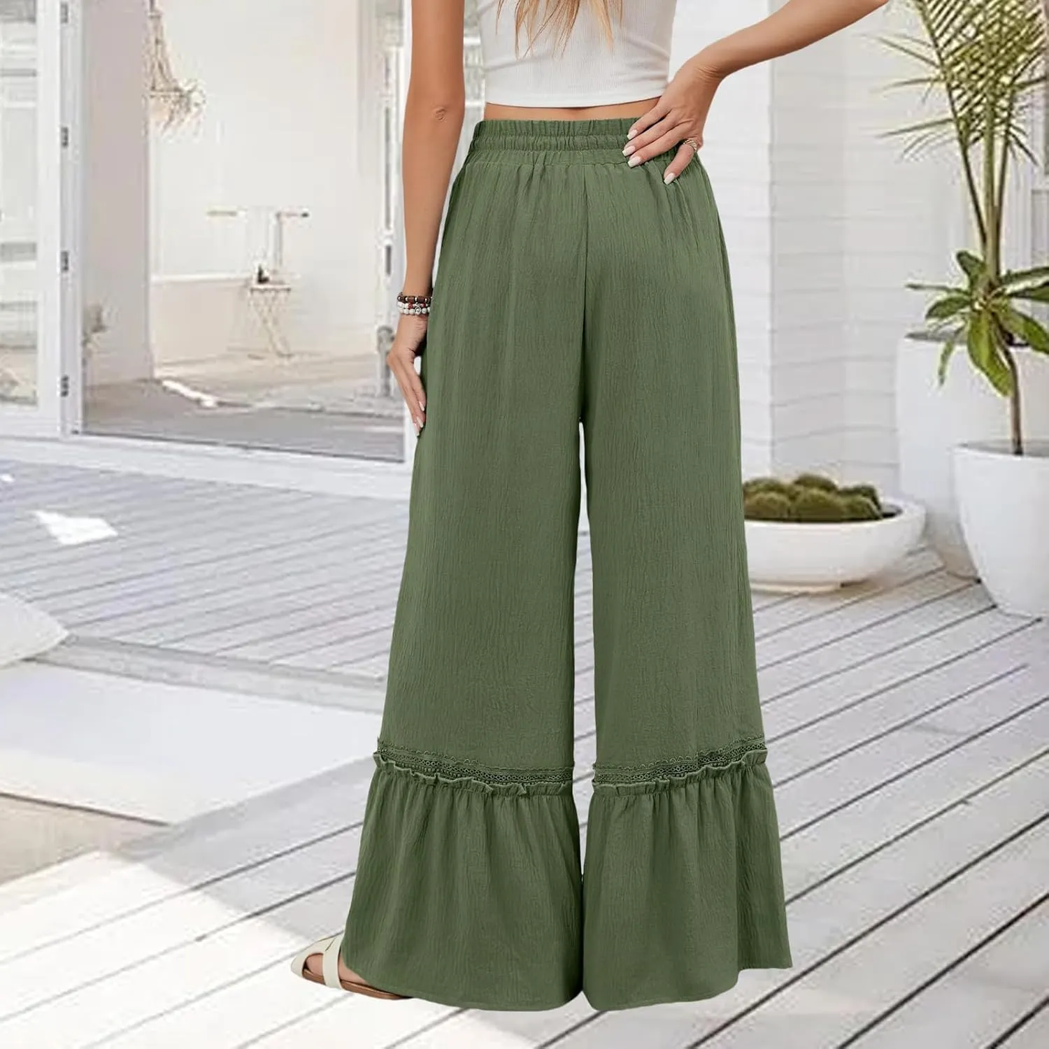 Womens Pants Loose Fit Trousers High Waist Pant Tiered Ruffle Flowy Swing Pants Summer Beach Trousers 2025