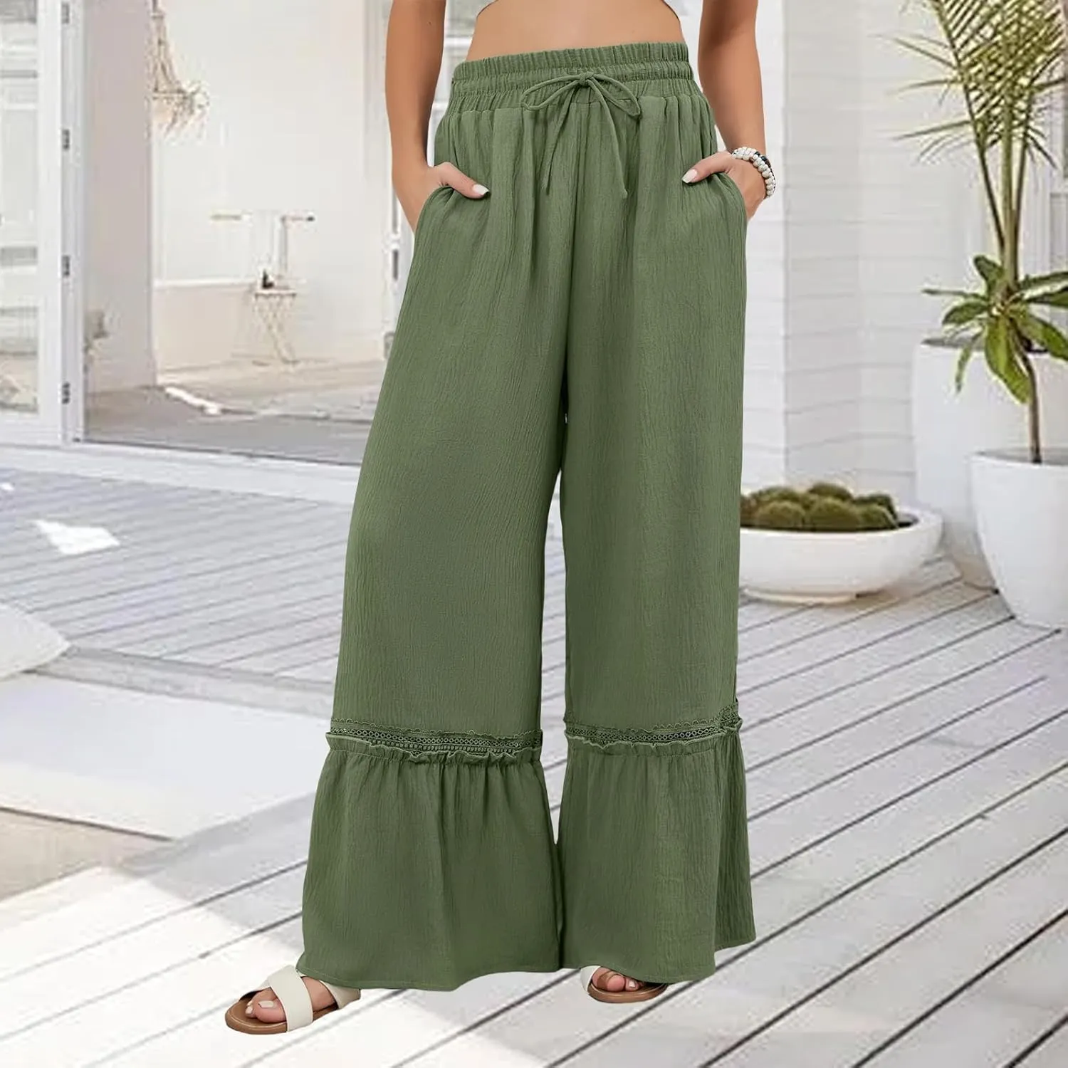 Womens Pants Loose Fit Trousers High Waist Pant Tiered Ruffle Flowy Swing Pants Summer Beach Trousers 2025