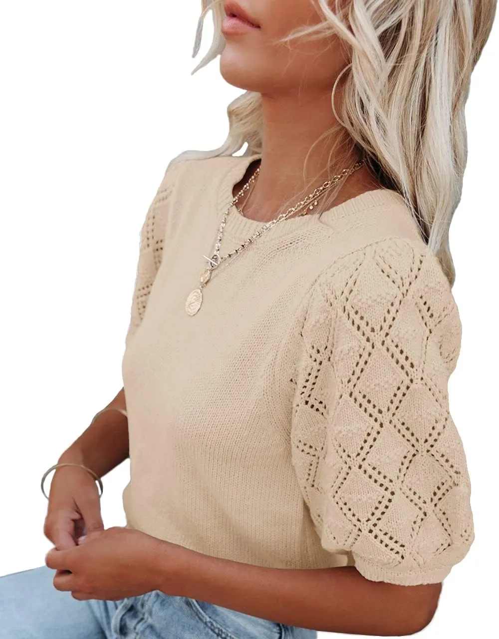 Womens Short Sleeve Sweaters Crewneck Knit Pullover Tops 2025 Summer Casual Lightweight Crochet Blouse Shirt