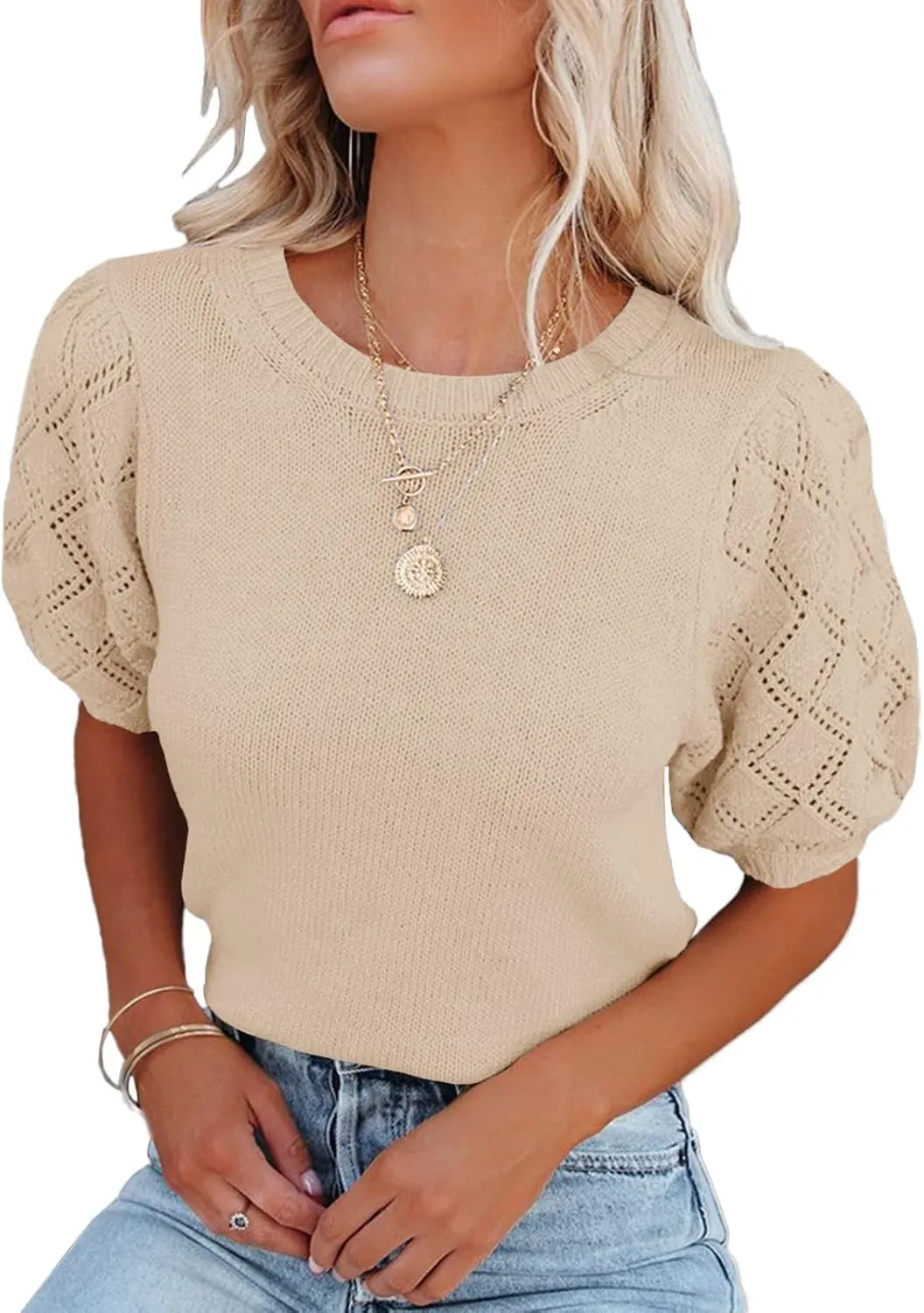Womens Short Sleeve Sweaters Crewneck Knit Pullover Tops 2025 Summer Casual Lightweight Crochet Blouse Shirt