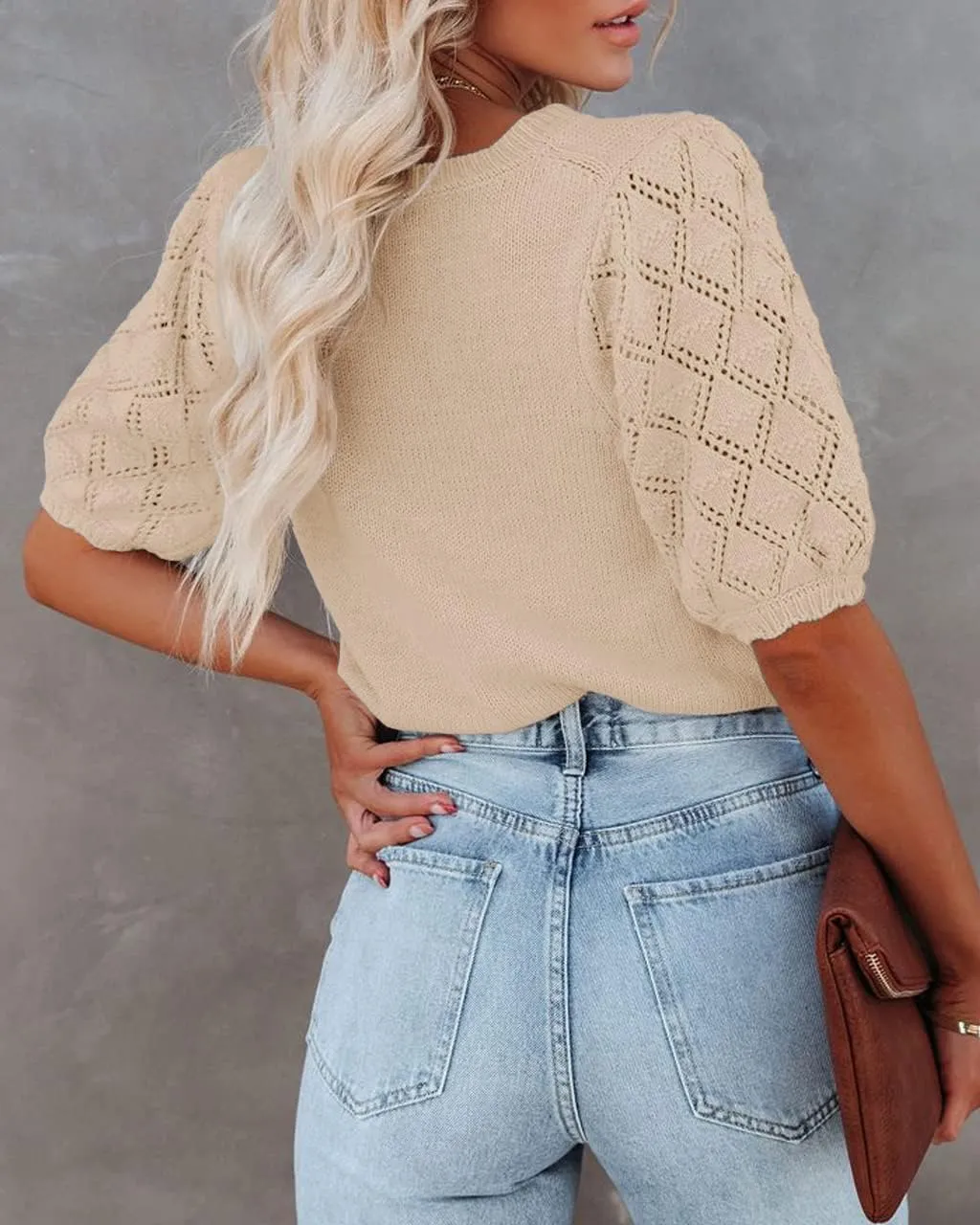 Womens Short Sleeve Sweaters Crewneck Knit Pullover Tops 2025 Summer Casual Lightweight Crochet Blouse Shirt