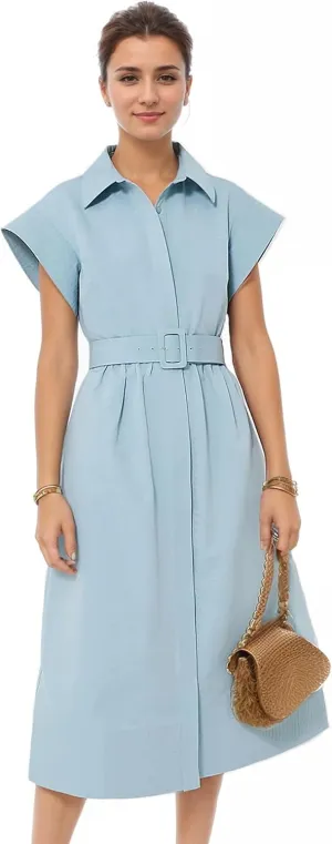Womens Turn Down Collar Shirt Dress Short Wing Sleeve Button Down Dress Trench Coat Formal Elegant Dress With Belt(Lightblue-XL)