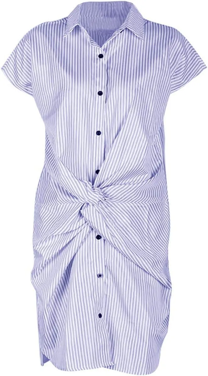 xxxiticat Women's Striped Shirt Dress Short Sleeve Turn Down Collar Button Down Knot Tied Twisted Front Beach Mini Dresses