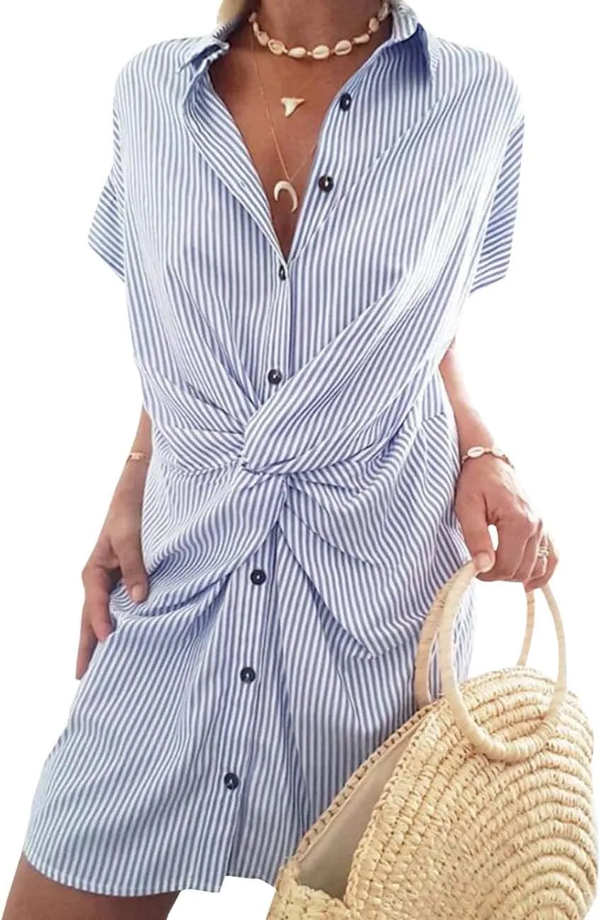 xxxiticat Women's Striped Shirt Dress Short Sleeve Turn Down Collar Button Down Knot Tied Twisted Front Beach Mini Dresses